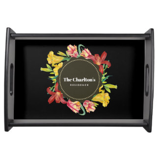 Vibrant Bright Spring Flowers Wreath Stripes Serving Tray