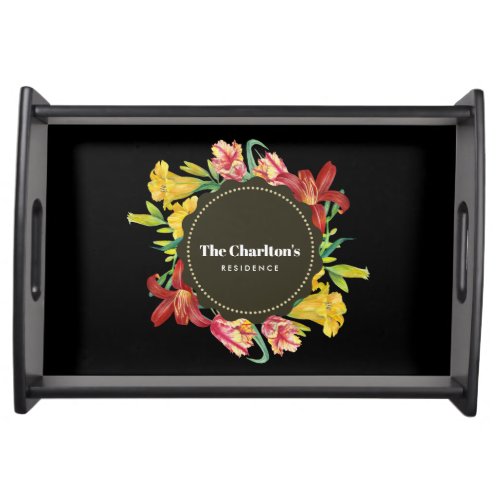 Vibrant Bright Spring Flowers Wreath Stripes Serving Tray
