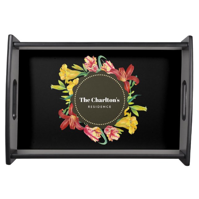 Vibrant Bright Spring Flowers Wreath Stripes Serving Tray (Front)