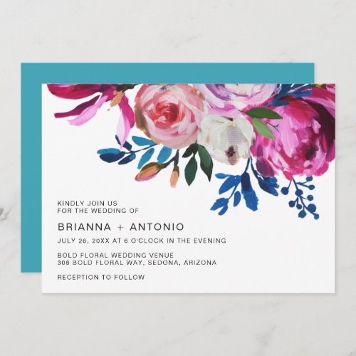 Vibrant Bright Teal Pink Floral Modern Wedding Invitation
