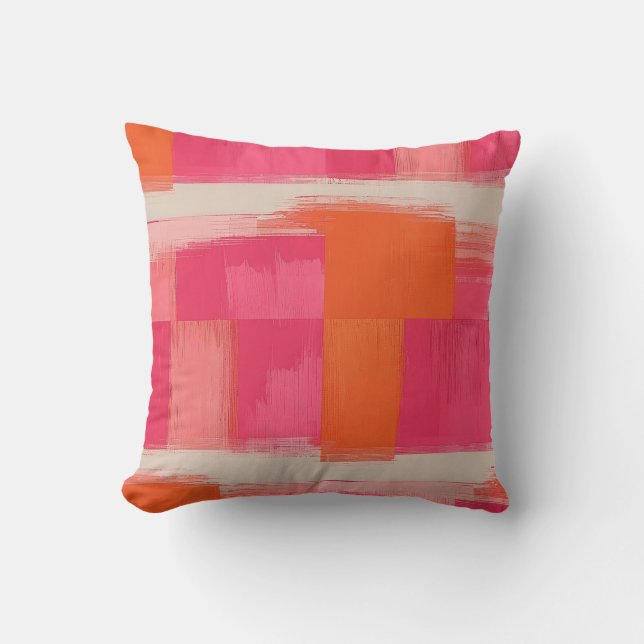 Vibrant Brushstroke Geometric Pattern – Pink & Ora Throw Pillow (Front)