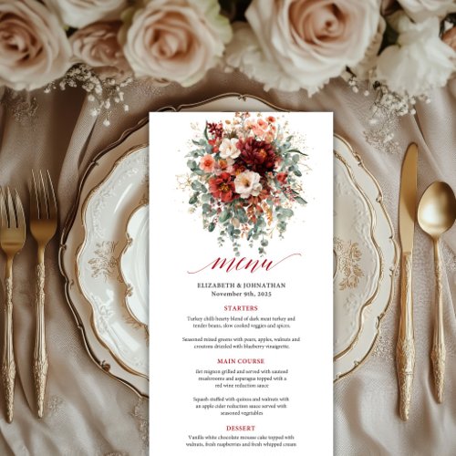 Vibrant Burgundy Gold Floral Bohemian Autumn weddi Menu