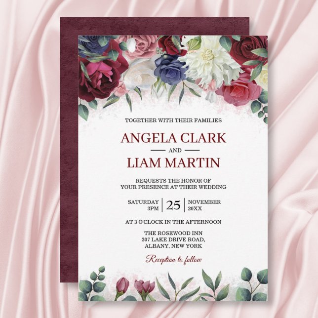 Vibrant burgundy Marsala Navy Pink Floral Wedding Invitation (Creator Uploaded)