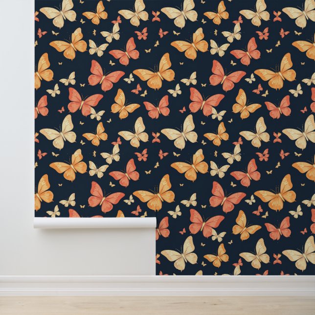 Vibrant Butterflies Pattern on Dark Blue Wallpaper (Application)