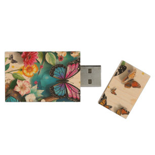 Vibrant Butterfly Garden Inspired Spring Design Wood Flash Drive