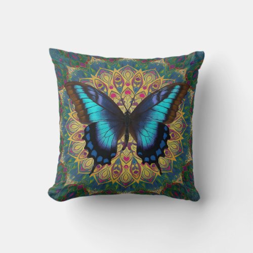 Vibrant Butterfly Mandala Throw Pillow