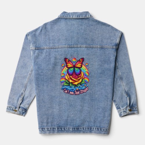 Vibrant Butterfly Perched on Colorful Rose Denim Jacket