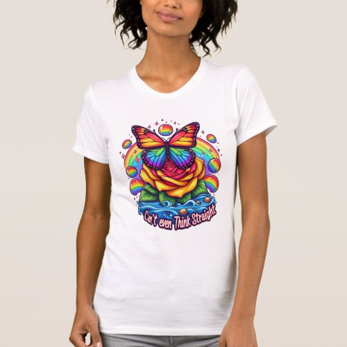 Vibrant Butterfly Perched on Colorful Rose T_Shirt