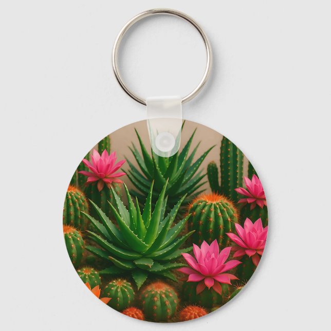 Vibrant Cactus Succulent Bloom Desert Keychain (Front)