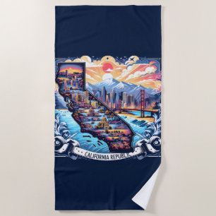 Vibrant California Republic Map Scenic Art Beach Towel