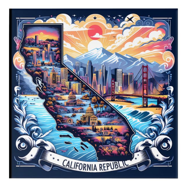 Vibrant California Republic Scenic Map Acrylic Acrylic Print (Front)