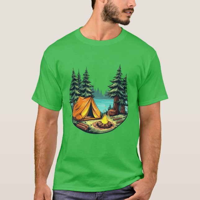 Vibrant Cartoon Camping Scene Withent FireTrees vi T-Shirt (Front)