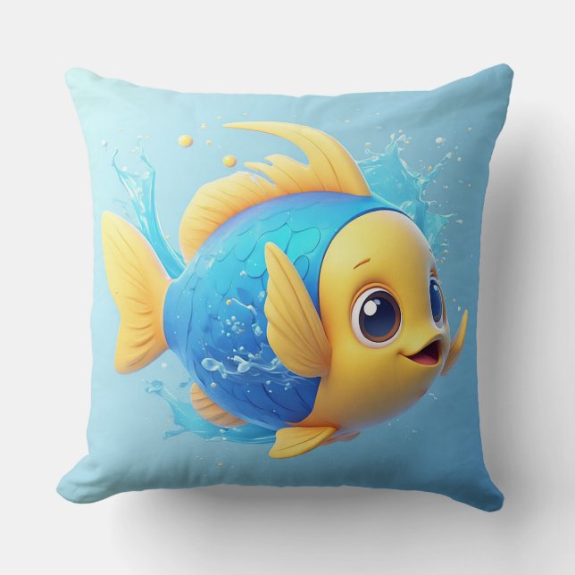 Vibrant Cartoon Fish with Splash Throw Pillow (Front)