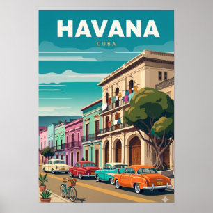 Vibrant Cartoon Havana Street Scene Classic Cars Poster