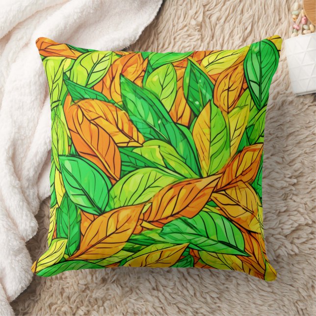 Vibrant Cartoon Leaves: Orange & Green Throw Pillow (Blanket)