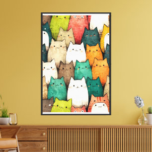 Vibrant Cat Art Cute Cartoon Style Canvas Print