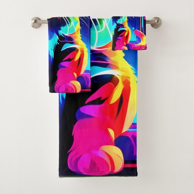 Vibrant Cat Artwork Bath Towel Set (Insitu)