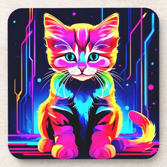 Vibrant Cat Artwork Beverage Coaster (Front)