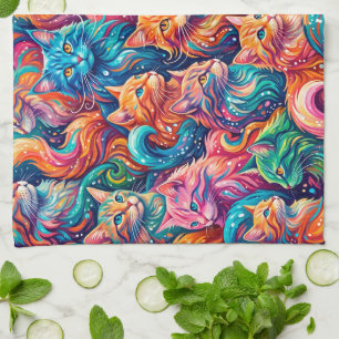 Vibrant Cat Dreamscape – Psychedelic Boho Kitchen Towel