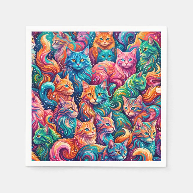 Vibrant Cat Dreamscape – Psychedelic Boho Napkins (Front)