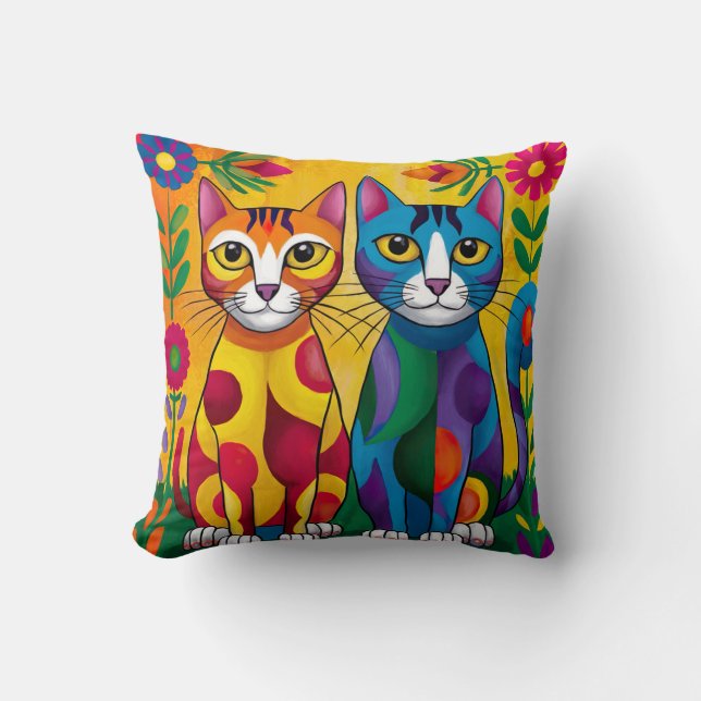 Vibrant Cat Duo - Artistic Floral  Throw Pillow (Front)