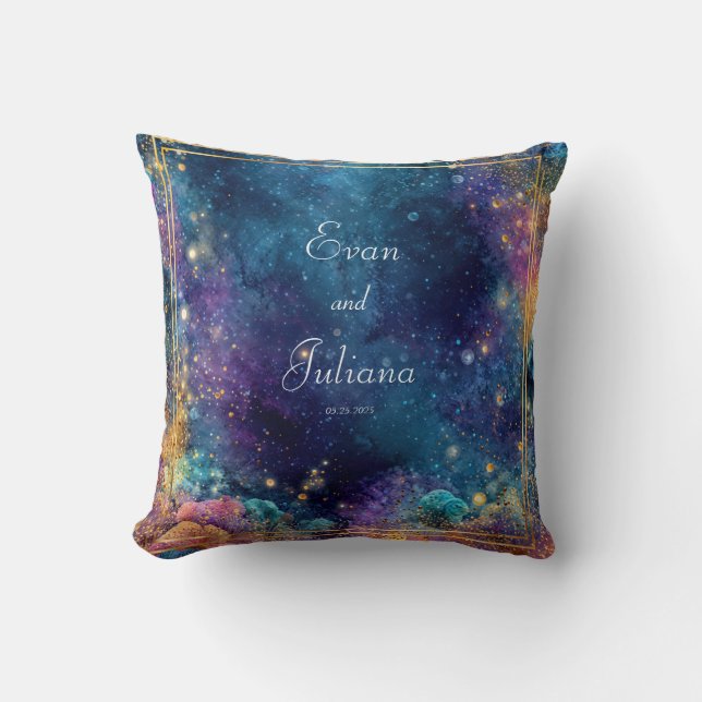 Vibrant Celestial Gold Geometric Frame Galaxy Throw Pillow (Front)
