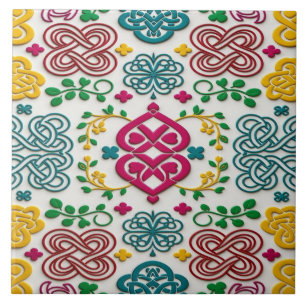 Vibrant Celtic Heart & Knot Floral Symphony Ceramic Tile