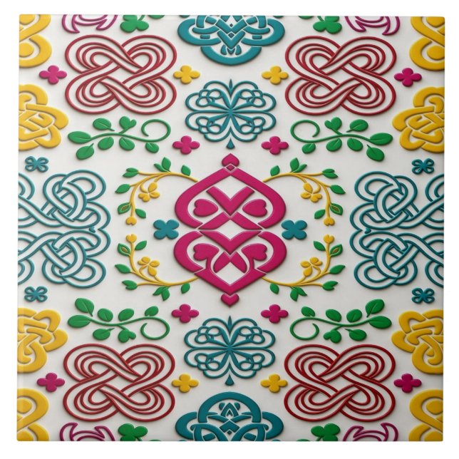 Vibrant Celtic Heart & Knot Floral Symphony Ceramic Tile (Front)
