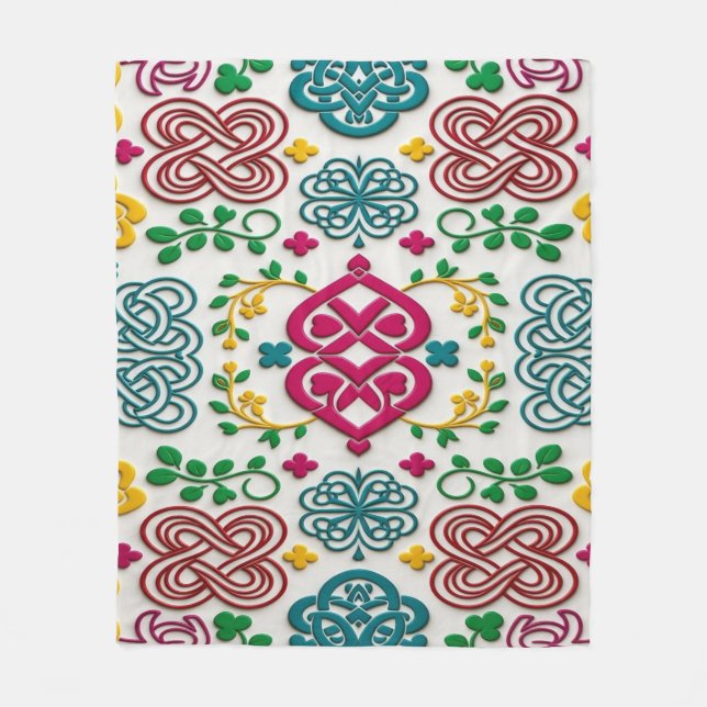 Vibrant Celtic Heart & Knot Floral Symphony Fleece Blanket (Front)
