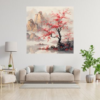 Vibrant Cherry Blossom Trees Mountain Asian