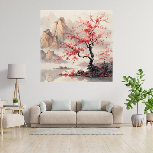 Vibrant Cherry Blossom Trees Mountain Asian