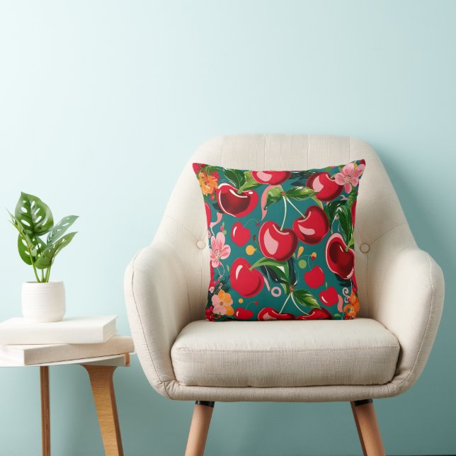 Vibrant Cherry & Floral Pattern on Teal Background Throw Pillow (Chair)