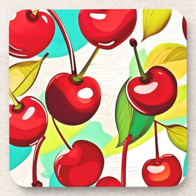 Vibrant Cherry Pattern Beverage Coaster (Front)