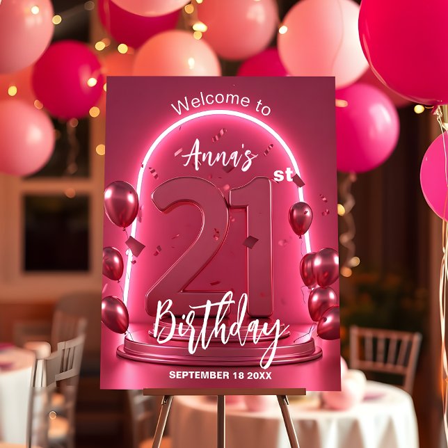Vibrant Chic Neon Pink 21st Birthday with Balloons Foam Board (Creator Uploaded)