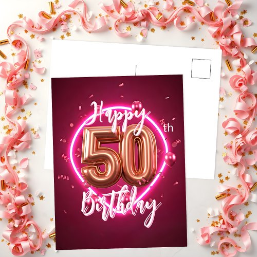 Vibrant Chic Rose Gold and Pink Neon 50th Birthday