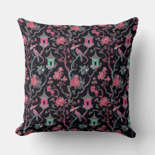 Vibrant Chinoiserie Pagoda and Birds Throw Pillow