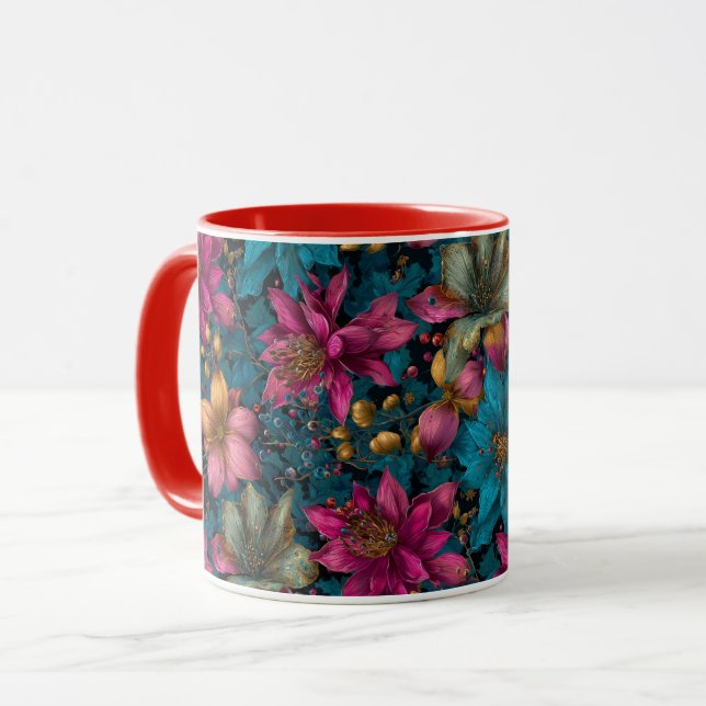 Vibrant Christmas Botanical Fantasy Pattern Mug (Front Left)