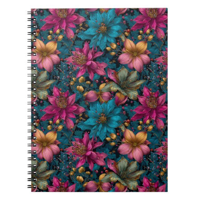 Vibrant Christmas Botanical Fantasy Pattern Notebook (Front)