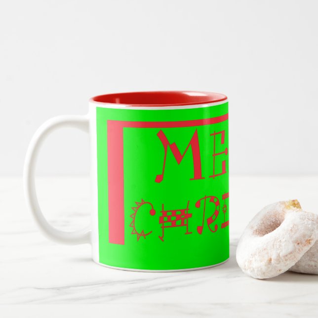 Vibrant Christmas Cheer Merry Christmas Lime Green Two-Tone Coffee Mug (With Donut)