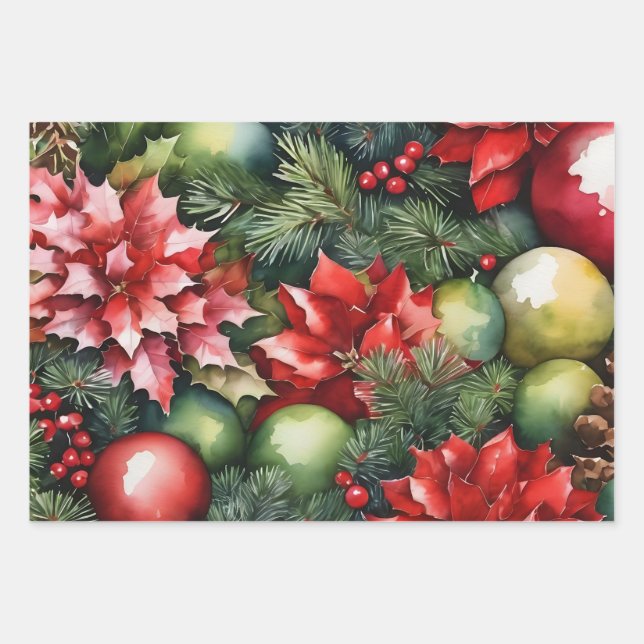 Vibrant Christmas Ornaments, Poinsettia, Berries  Wrapping Paper Sheets (Front)