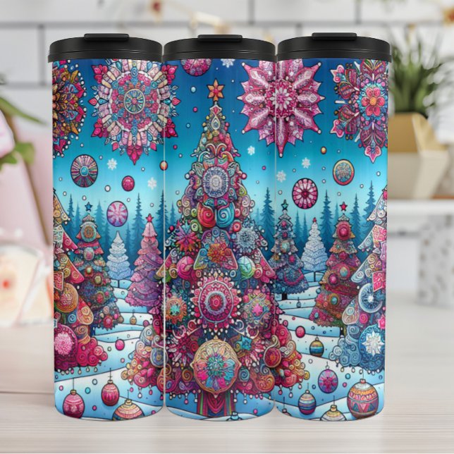 Vibrant Christmas Trees in Snow Thermal Tumbler (Creator Uploaded)