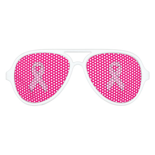 Vibrant Chrome Glitter Style Pink Ribbon Awareness Aviator Sunglasses (Front)