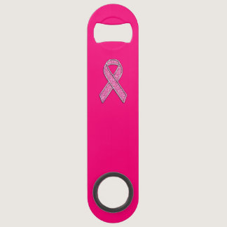 Vibrant Chrome Glitter Style Pink Ribbon Awareness Bar Key