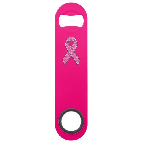 Vibrant Chrome Glitter Style Pink Ribbon Awareness Bar Key