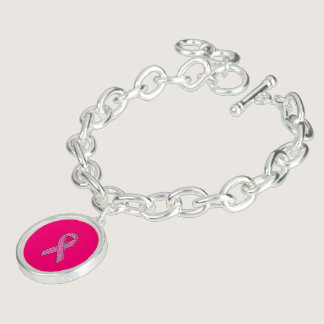 Vibrant Chrome Glitter Style Pink Ribbon Awareness Bracelet