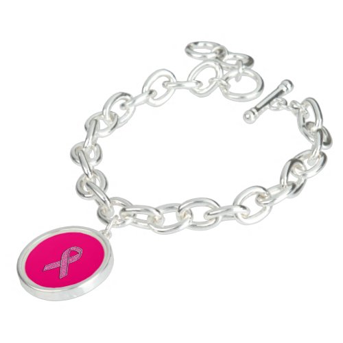 Vibrant Chrome Glitter Style Pink Ribbon Awareness Bracelet