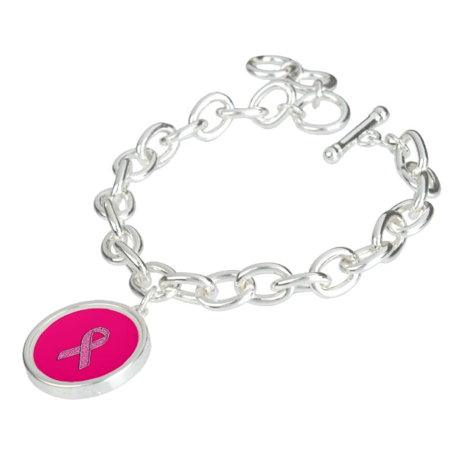 Vibrant Chrome Glitter Style Pink Ribbon Awareness Bracelet (Side)