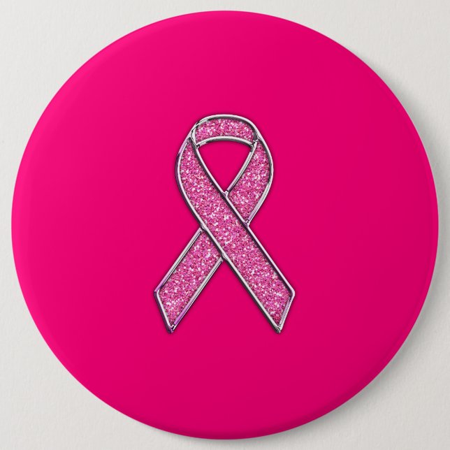 Vibrant Chrome Glitter Style Pink Ribbon Awareness Button (Front)