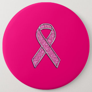 Vibrant Chrome Glitter Style Pink Ribbon Awareness Button