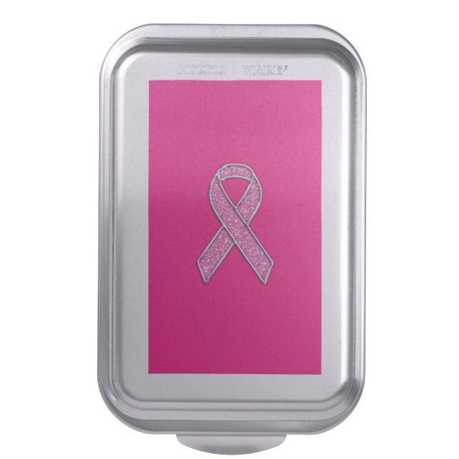 Vibrant Chrome Glitter Style Pink Ribbon Awareness Cake Pan (Front Vertical)